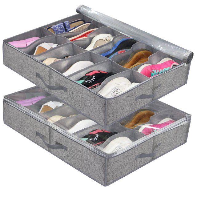 Paquete de 2 bolsas para guardar zapatos con ventana transparente - Organizador de zapatos para almacenamiento Caja de almacenamiento debajo de la cama con 12 compartimentos, tela de lino gris, XAUBSB