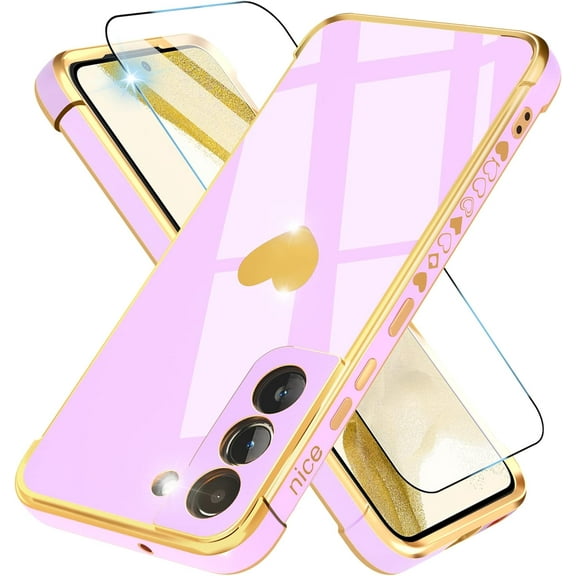 Compatible with Samsung Galaxy S22 Case with HD Screen Protector Shockproof Protection, Love Heart Plating Girly Women Cute Soft TPU Luxury Elegant Case for Galaxy S22 5G Case, Purple