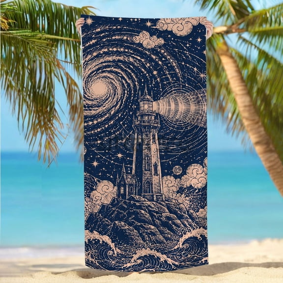 RKSupls 30x60inch Beach Towel Lighthouse Starry Night Waves Oversized Microfiber Beach Towel, Machine Washable Ultra-Soft Microfiber Ideal for Bathroom beach yoga