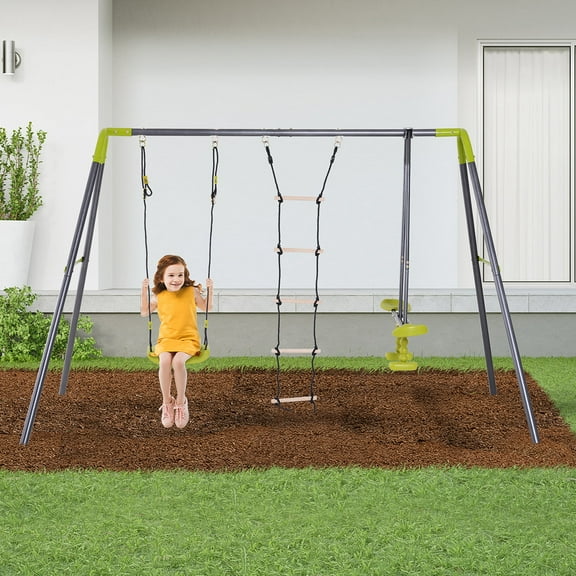 HOMCOM 3 in 1 Kids Swing Set, Double Face to Face Swing Chair & Glider Set, Climbing Ladder A-Frame Outdoor Heavy Duty Metal Swing Set for Backyard Playground