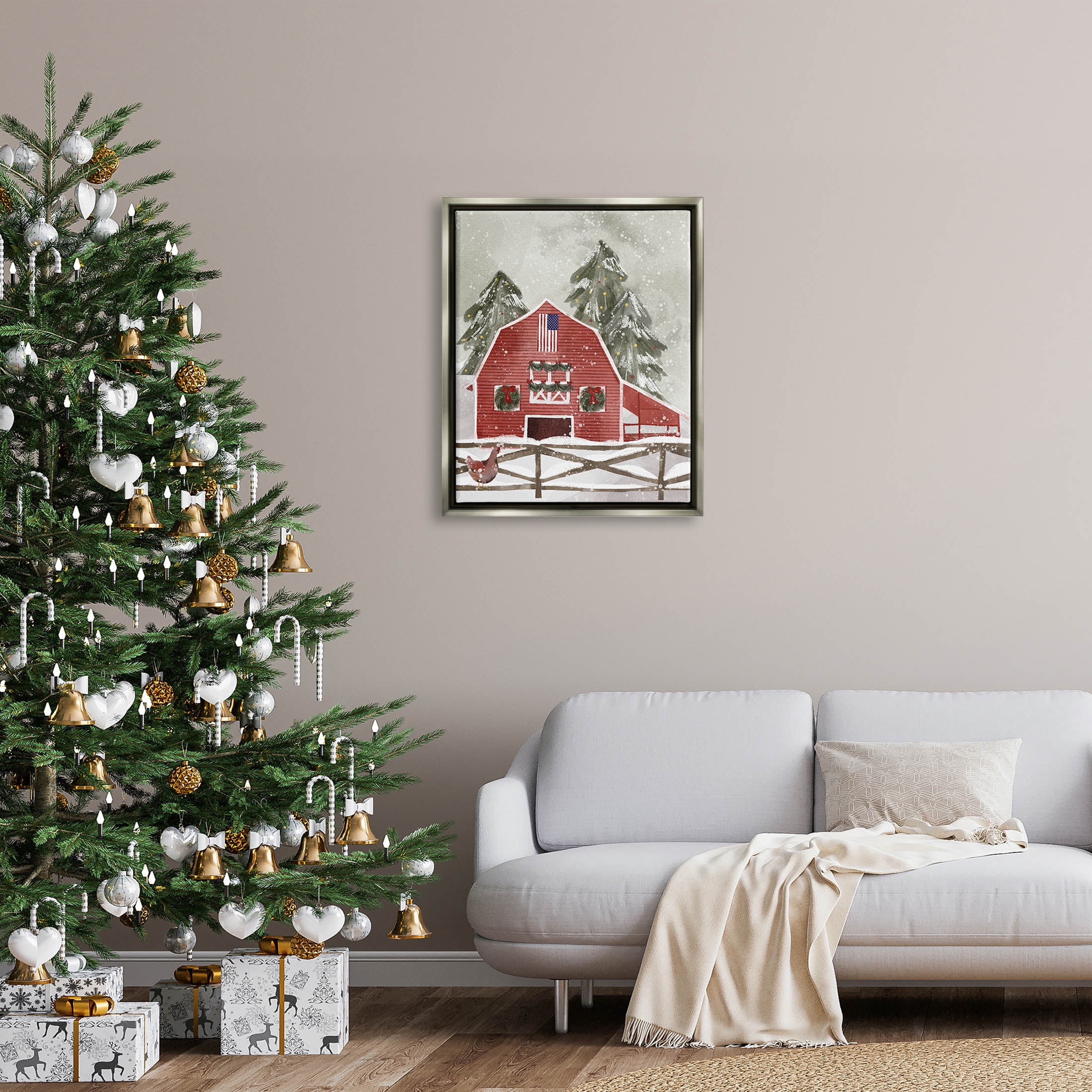 Snowy Country Barn American Flag Holiday Graphic Art Luster Gray Framed Art Print Wall Art