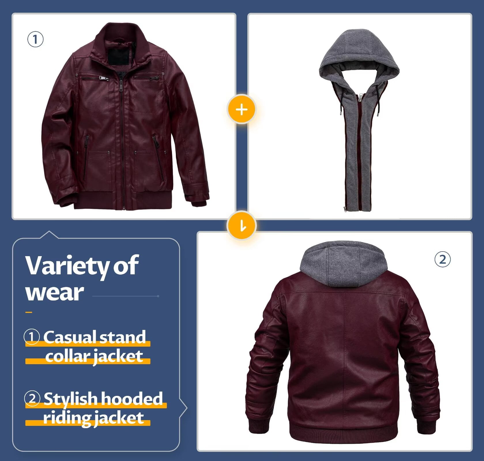 Chrisuno Men's Faux Leather Jacket Vintage Motorcycle Jacket Warm Winter Coat Wine Red XL