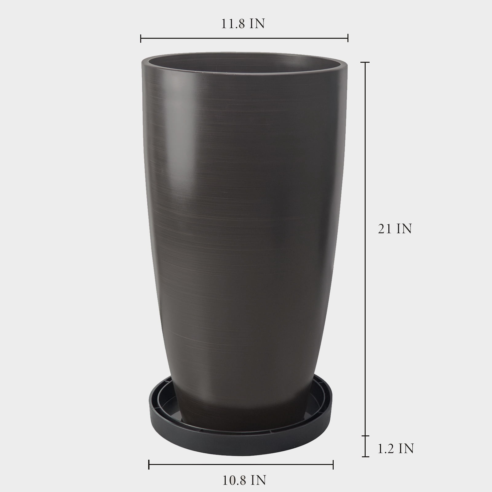 FIASON 2 Pack 21 Inch Dark Brown Brushed Tall Plastic Planters, Modern Tall Flower Pots with Drainage Holes & Removable Saucer, Indoor Outdoor Planters for Front Porch Patio Garden