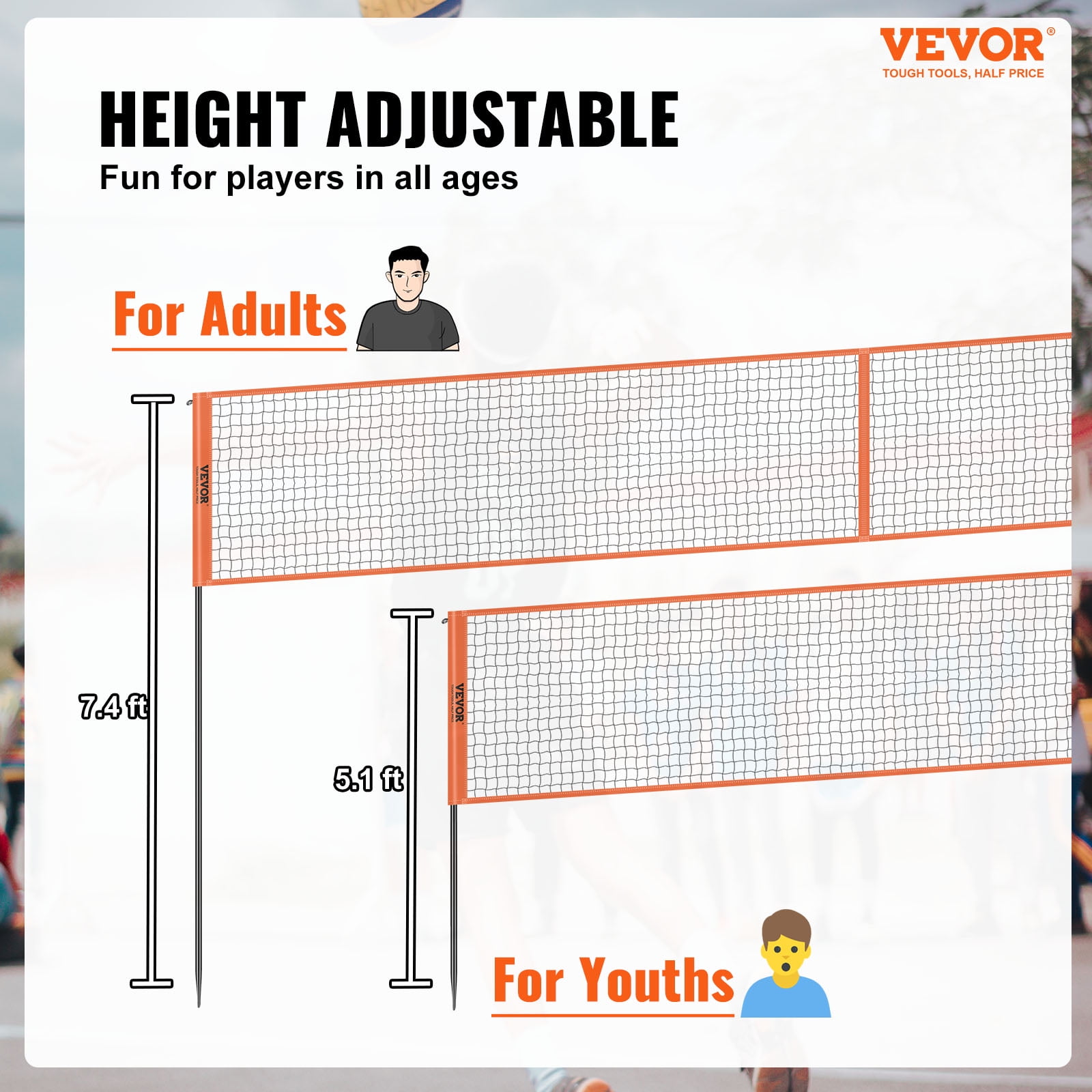 BENTISM 4-Way Volleyball Net ,Four Square Badminton Net Adjustable Heights- Backyard & Beach Game Set w/ Volleyball Ball & Carry Bag & Pump for Adults Kids, Quick Assemble