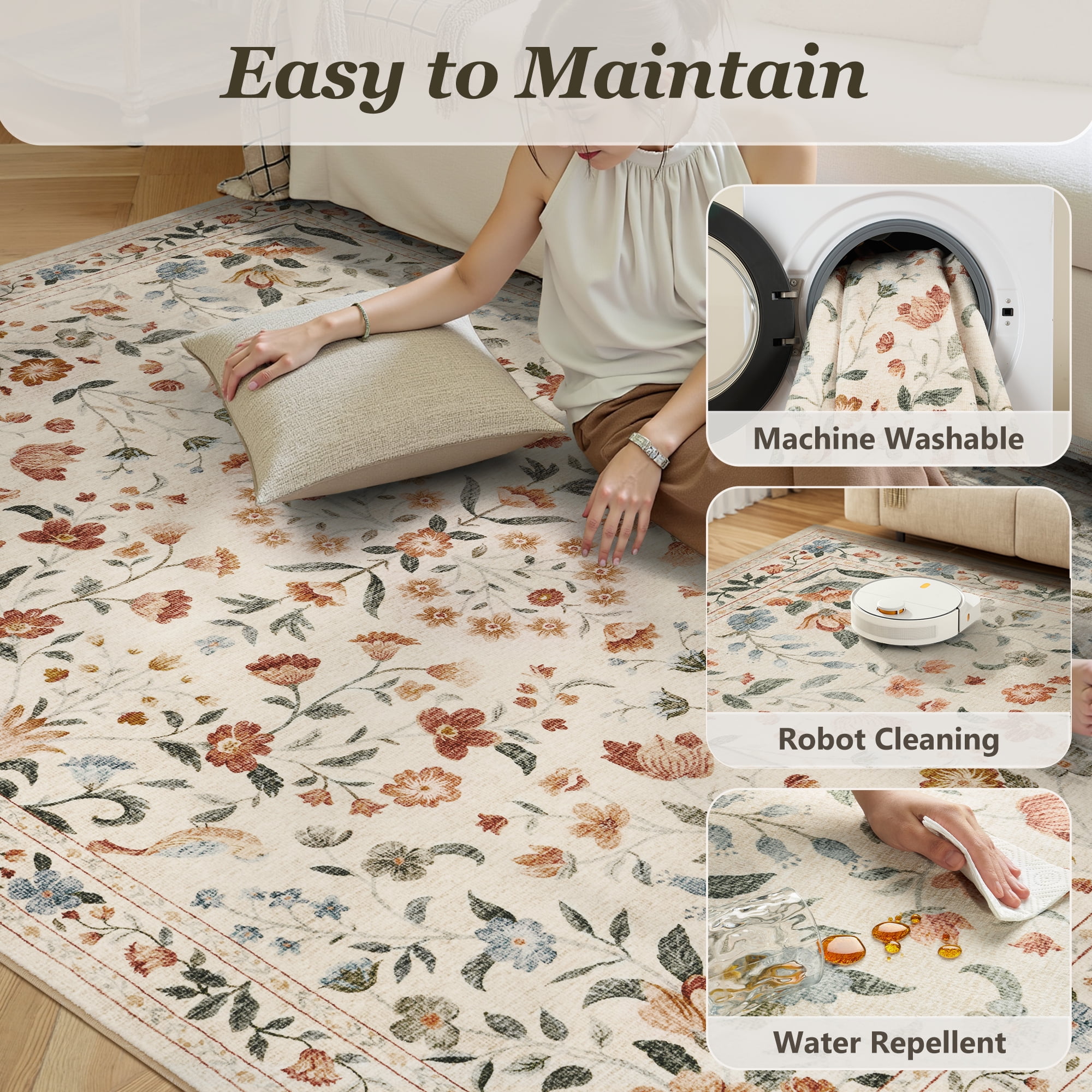 SIXHOME 2'x3' Area Rug for Living Room Rug for Bedroom Entryway Vintage Soft Floral Rug Washable Botanical Printed Carpet Non Slip Oriental Rug for Farmhouse and Home Decor