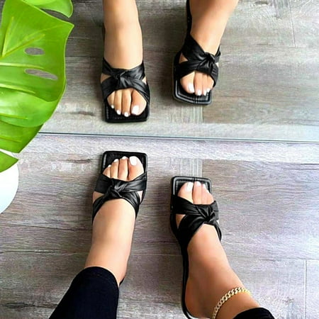 

NEGJ Women s Fashion Large Size Flat-Bottom Square Toe Cross Beach Slippers