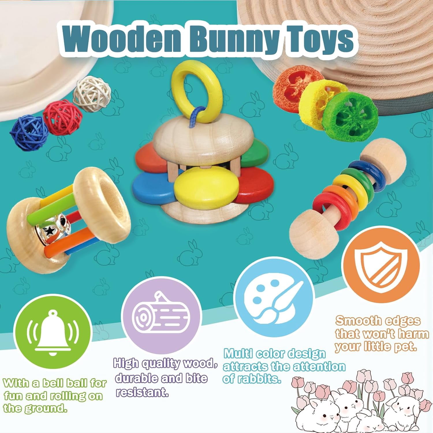 9PCS Wooden Bunny Toys,Safe Rabbit & Guinea Pigs Teeth Grinding Toy for Chinchillas, Hamsters & Small Animals - Indoor & Outdoor