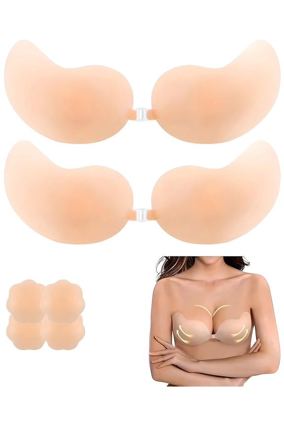 2 Pairs Sticky Bra Push Up Backless Bra Ultra Thin Adhesive Bra with Nipple Covers, Reusable Strapless Bras for Women, Invisible Silicone Bra