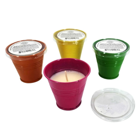 Mini Citronella Tealight Candle Buckets 4 Pack Natural Scented Multi Color 2.5 Inch Insect Repellent