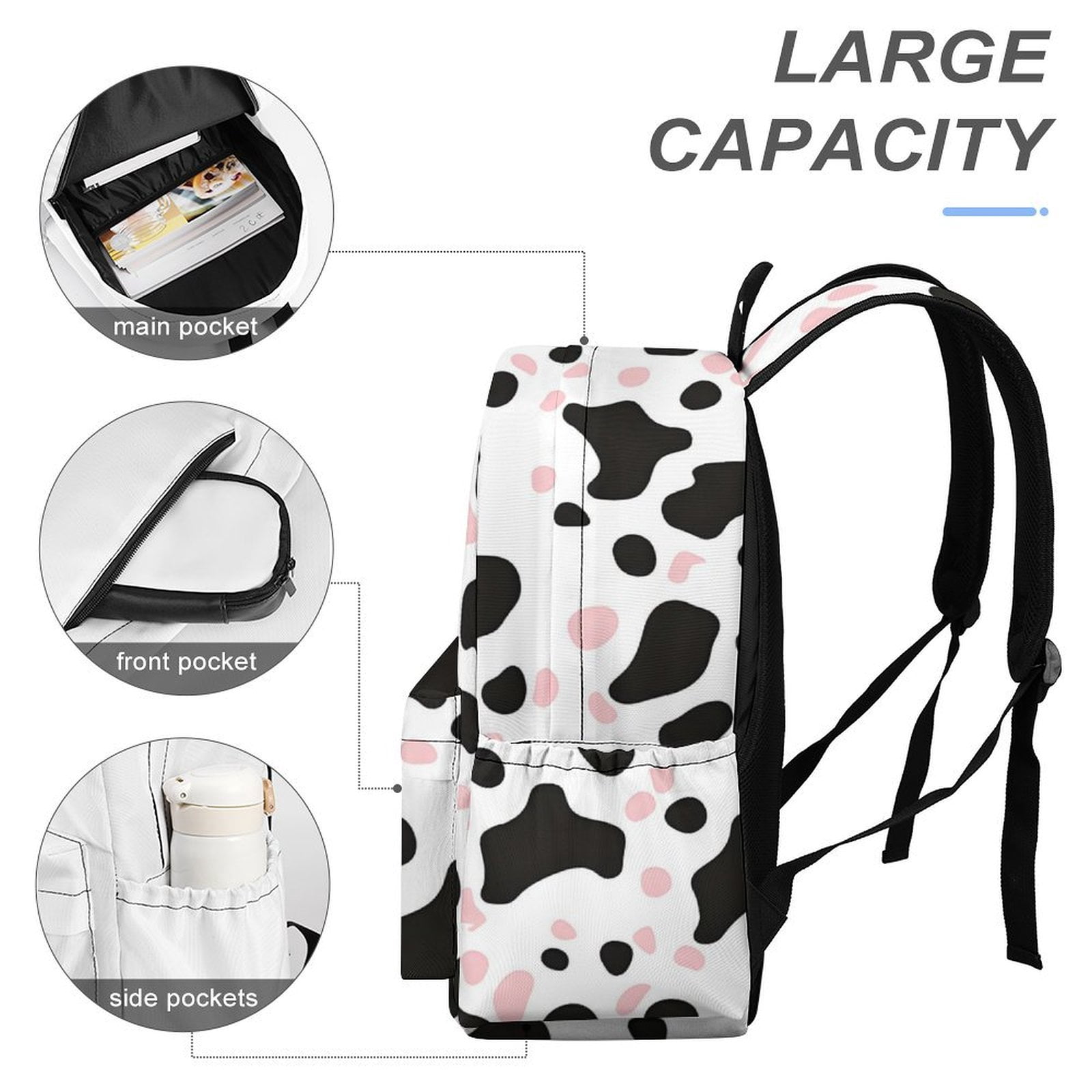 Large Capacity Half Print Backpack 11.8×16.5×5.9in Multifunctional Zipper Design Convenient Switch Simple Cow Print Pattern White Background, Pink And White_1
