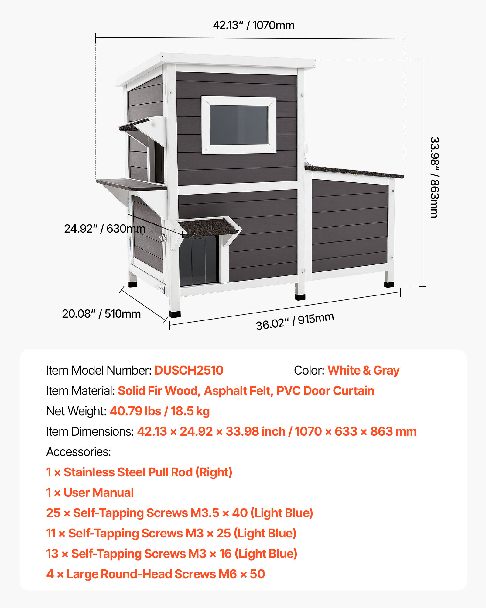 VEVOR Outdoor Cat House,2-Story Wooden Cat Shelter for 3 Outside Cats in Winter,Elevated Feral Kitty Shelter with Stairs, Clear Window & Flap Doors,Waterproof Cats Condos for Garden 42 × 25 × 34 in