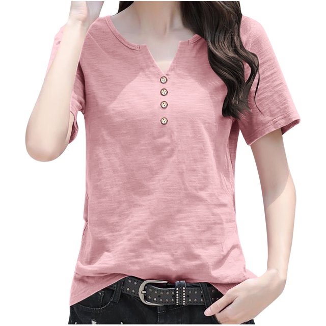 Kaemgyyd Womens Tops Notch V Neck Short Sleeve Summer Tops Plus Size Button up Solid Color Beach Vaction Clothes