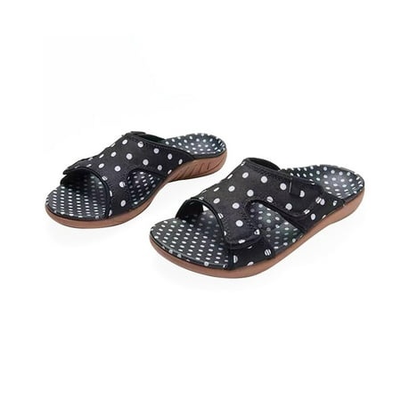 

WHLBF Women s Slippers Large Size Sandals Outer Wear One-line Wave Point Open Toe Beach Sandals Black 7.5(40)