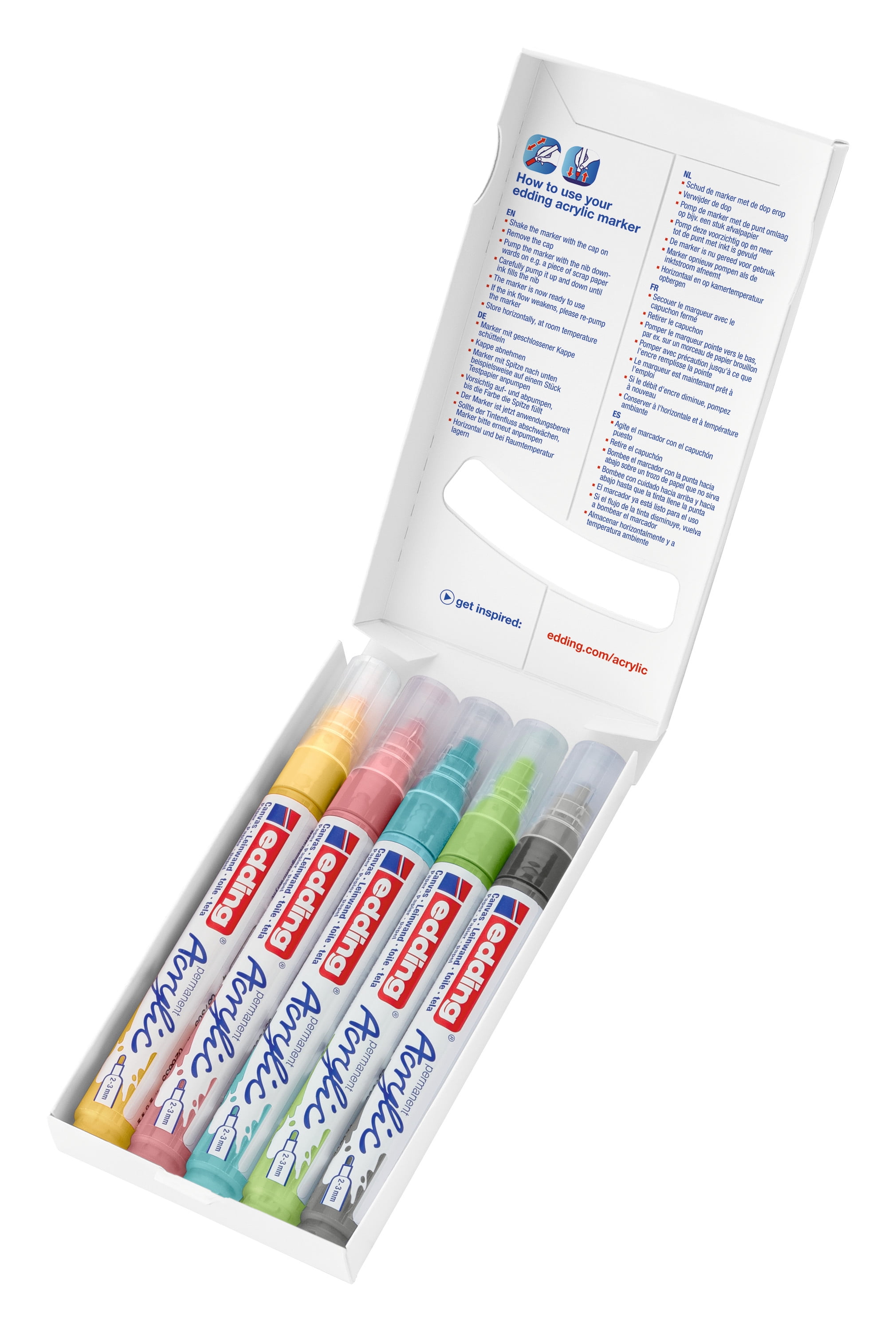 Edding 5100 Acrylic Marker Medium Sets, 5-Marker Pastel Colors Set
