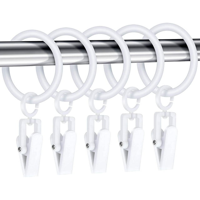 Jinsinto 30 Pieces Curtain Rings with 30 Pieces Curtain Clips Plastic Shower Curtain Rod Clip Rings Decorative Drapery Ring with Clip, 25 mm (White)