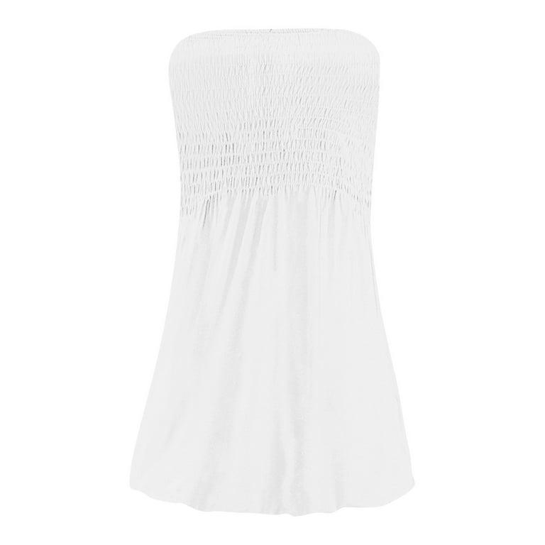 Bbyeadc Women Flowy Pleated Dress Summer Beach Boho Floral Print Strapless Sundress Sexy Tube Top Swing Hem Mini Dresses, White L