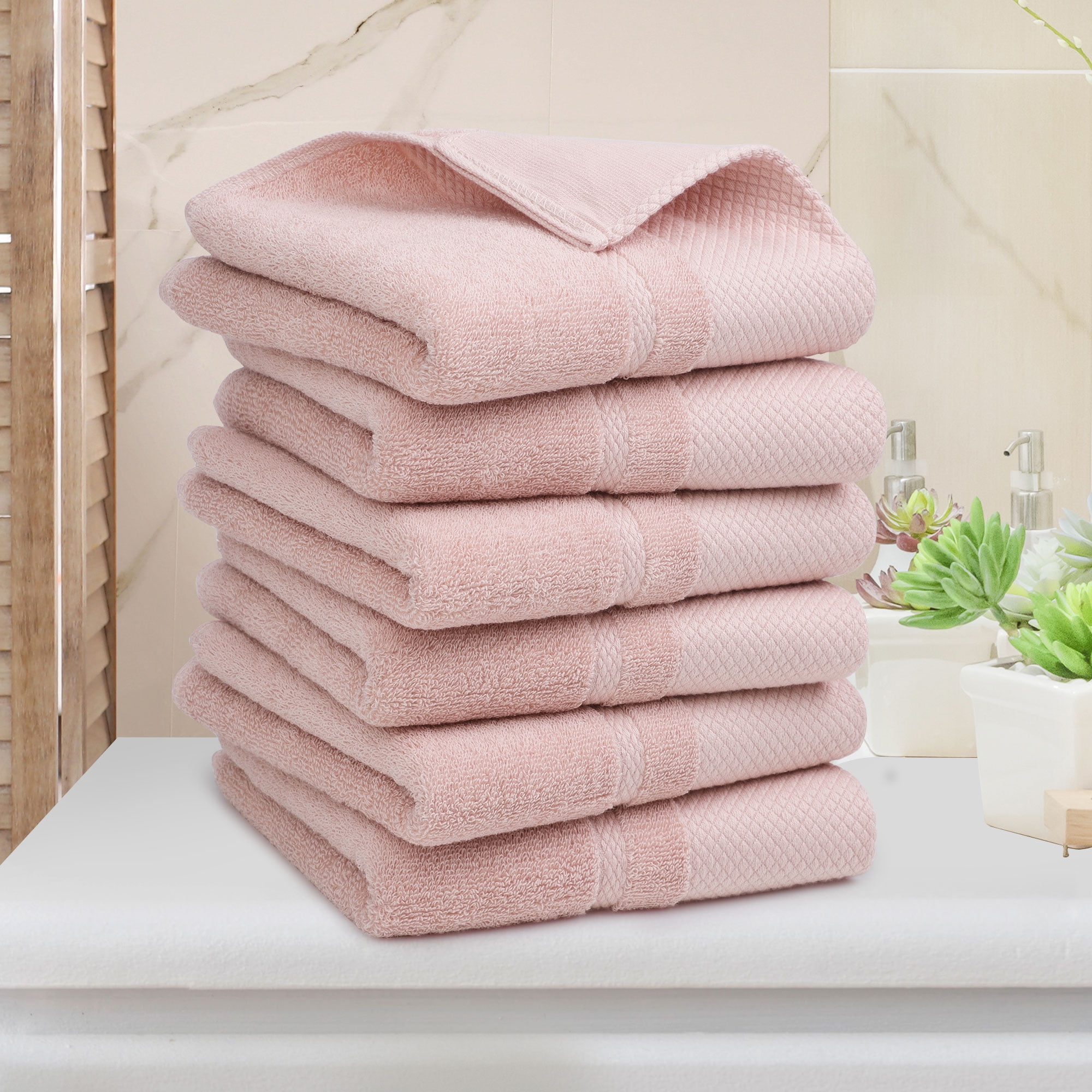 Unique Bargains 100% Cotton Absorbent Hand Towel Set 14"x30" Misty Rose 6 Pcs