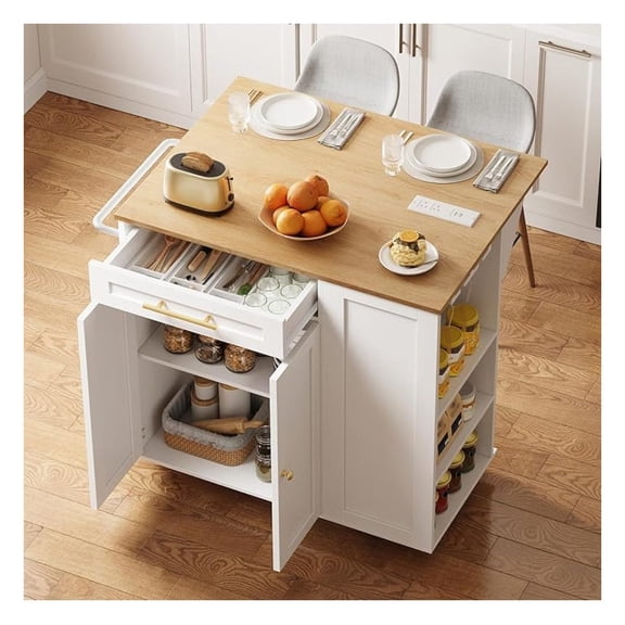 Kitchen Island with Storage, Rolling Kitchen Table with Drop Leaf, Charging Station, 3 Open Adjustable Shelf & Drawer, , Mobile Kitchen Cart for Dining Room, White and Natural