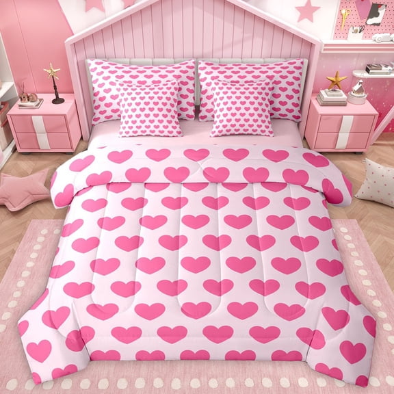 Homewish Love Heart Print Twin Bedding Sets 7-Piece for Female Men Adults,Dreamy Princess Bedding Comforter Set Microfiber,Romantic Valentine's Day Breathable Sheet Sets,Microfiber Bedroom Decor