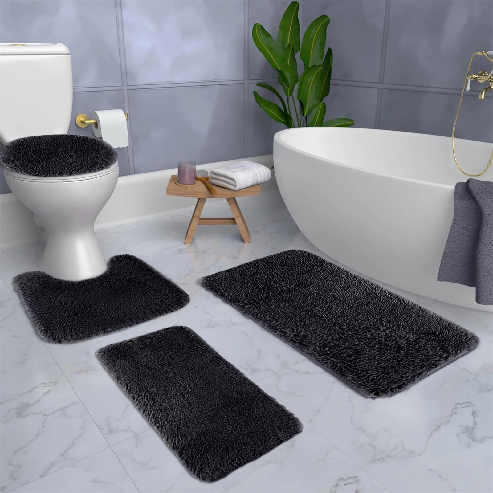 3-Piece Bath Rugs + 1-Piece Toilet Lid Mat Set, Soft Plush Non-Slip Bathroom Mats, Absorbent Shaggy Floor Carpets, Black, Ideal for Bathroom, Shower, Toilet Area for Family and Adults