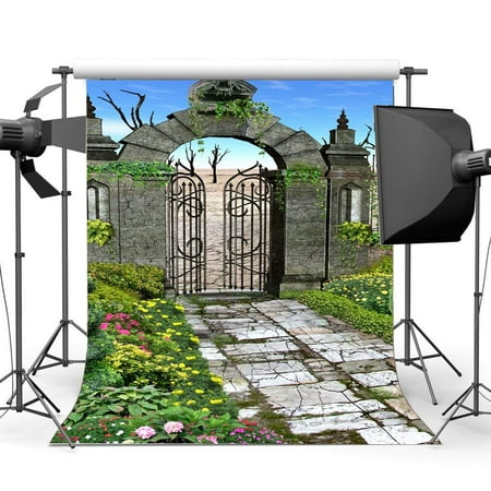 Image of ABPHOTO Polyester 5x7ft Fairytale Garden Backdrop Weathered Arch Gate Backdrops Countyard Fresh Flowers Green Grass Meadow Fantasy Photography Background for Girls Bride Portraits Photo Studio Props