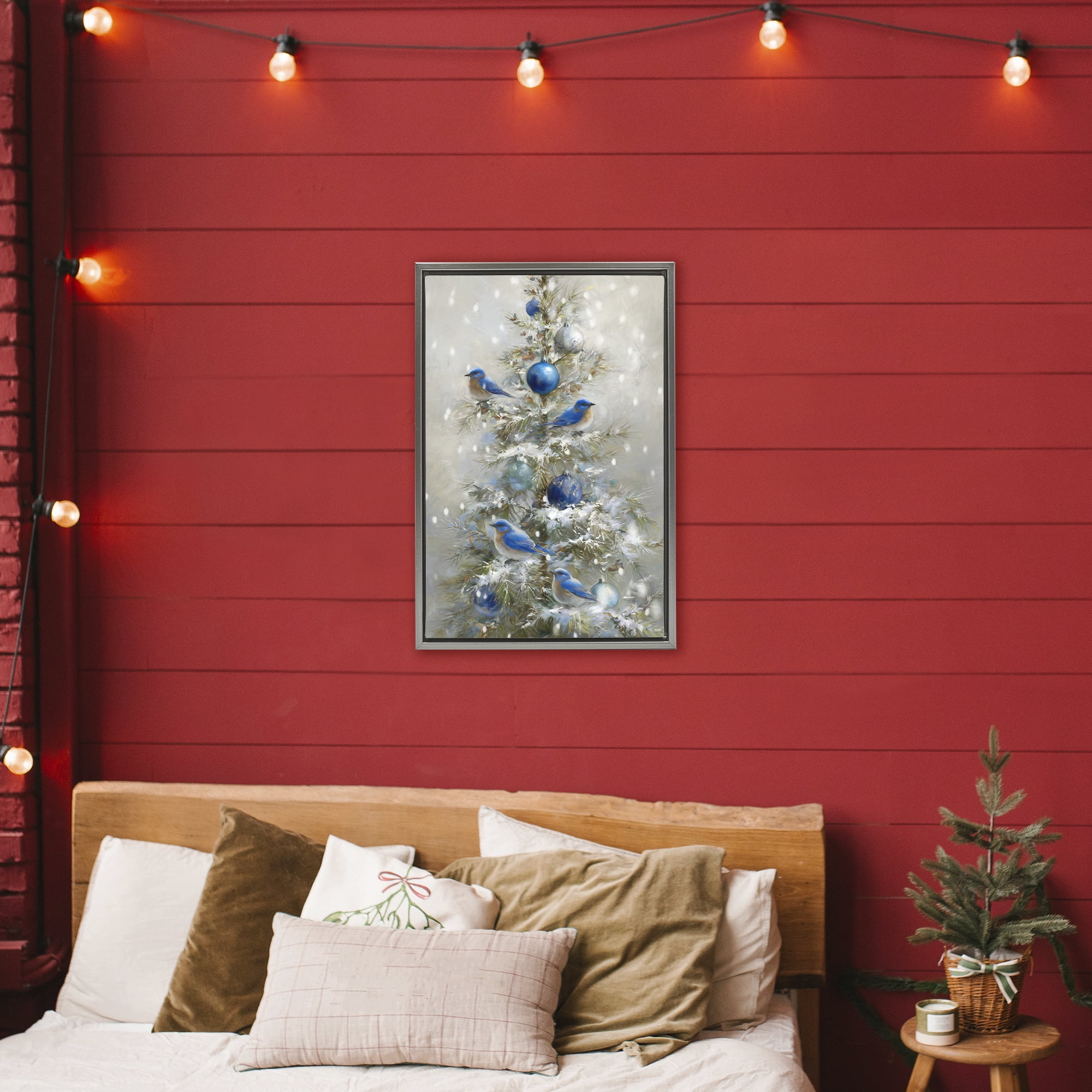 Stupell Industries Blue Bird Christmas Tree Gray Framed Floater Canvas Wall Art, design by Tina LeCour