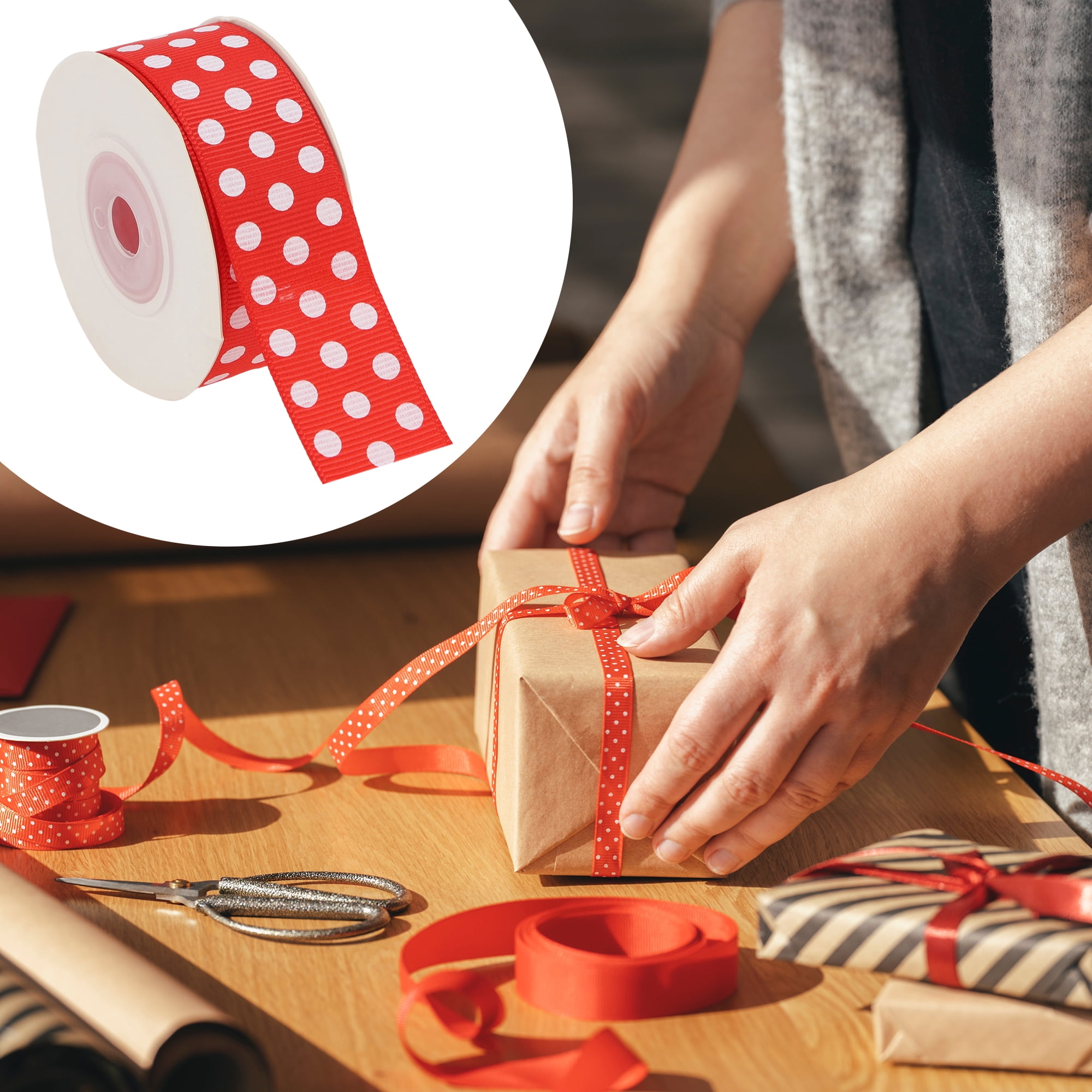 Unique Bargains 0.98"x29.53' Polka Dots Gift Wrapping Ribbon for Crafts 1Pc Red