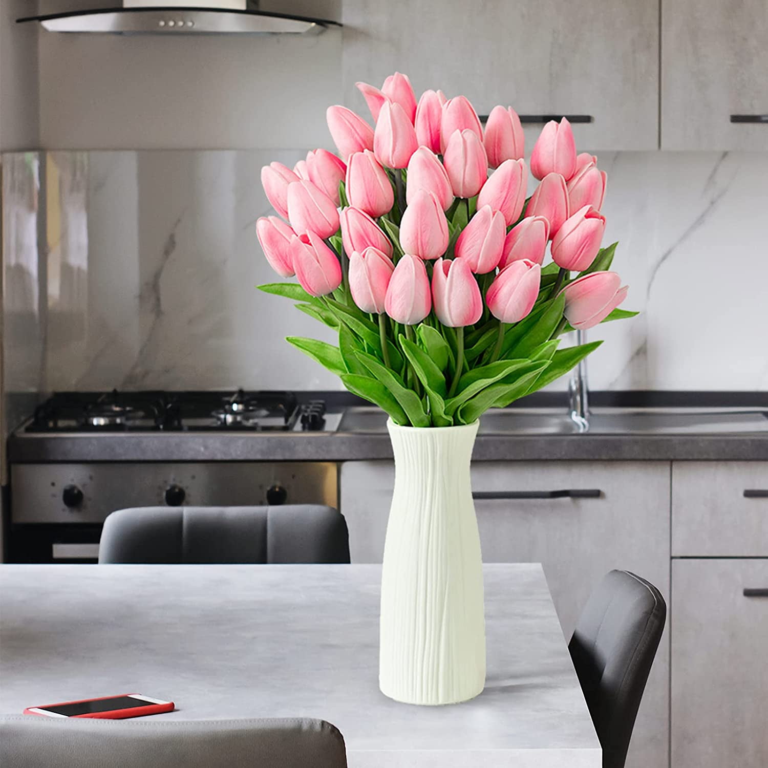 30Pcs Artificial Tulip Flowers Faux Tulip Stems PU Real Touch Tulips 13.7" for Spring Easter Vase Wedding Bouquets Floral Arrangements Wreath Table Centerpiece Indoor Outdoor Decoration (Pink)