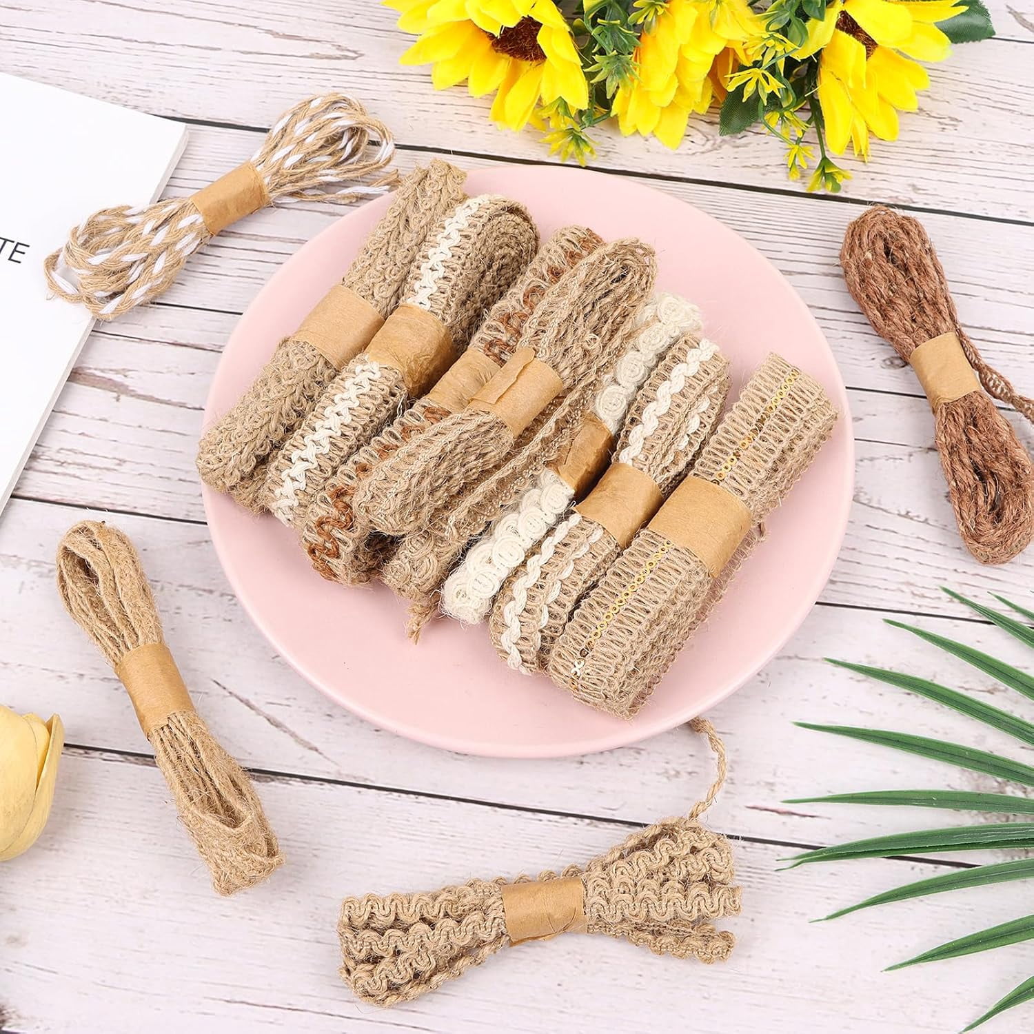 12 Rolls Jute Craft Ribbons Natural Burlap Lace Ribbon Trim 24 Yards Rustic Boho Vintage Craft Assorted for Gift Wrapping Wedding Decorations DIY Projects