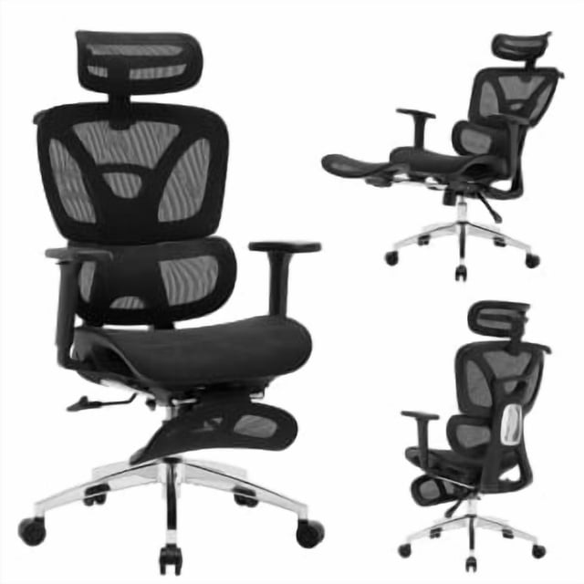 Swivel Ergonomic Office Chair Computer Chair with Footrest, High Back Desk Chair with Steel Chair Legs, Dynamic Lumbar Support, Adjustable Headrest & 90-125° Tilt Backrest, Breathable Mesh Design