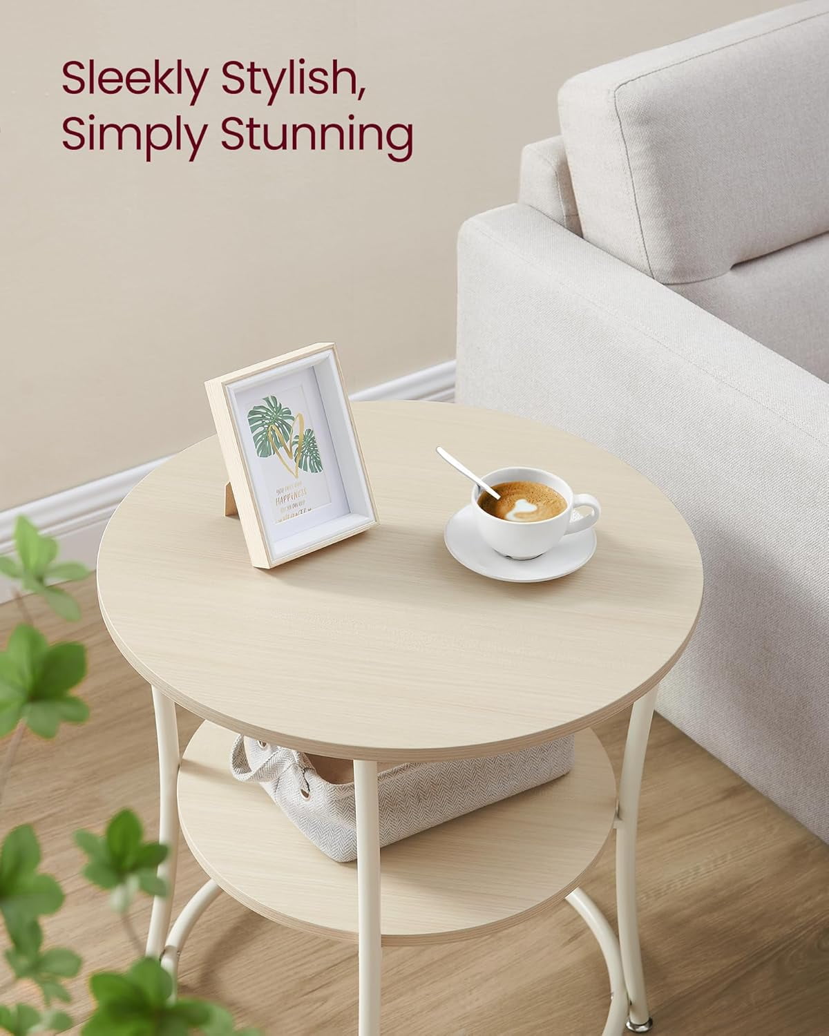 VASAGLE 21.7-Inch Round Side Table, 2-Tier End Table, Nightstand with Steel Frame, Spacious Top, for Small Spaces, Living Room, Bedroom, Natural Beige