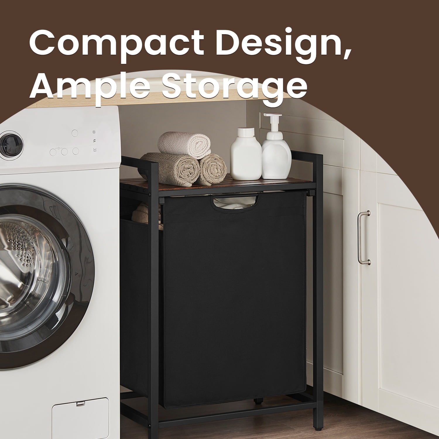 LEDREM Space-Saving Laundry Hamper with Shelf & Removable Bags, 17.2 Gallon Capacity, Metal Frame, for Small Spaces, Black and Rustic Brown
