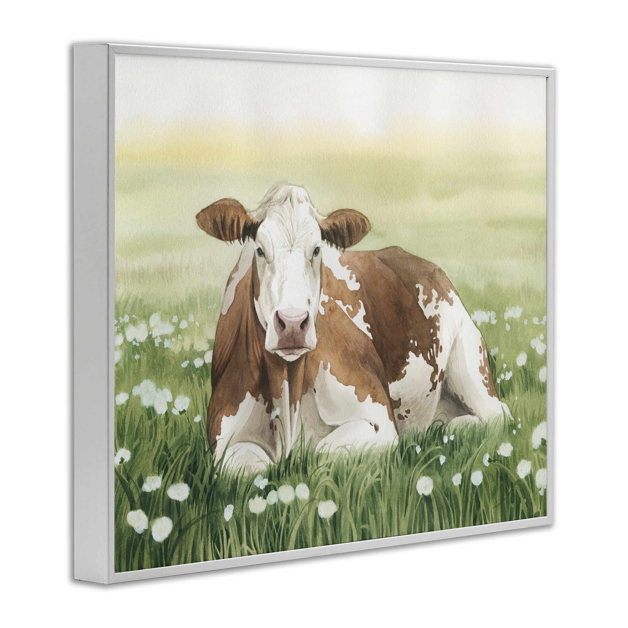 Stupell Industries Cow & Meadow Blossoms Animals & Insects Painting White Framed Art Print Wall Art, 20 x 16