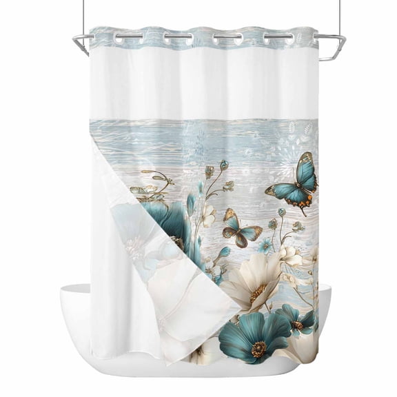 No Hook Shower Curtains with Snap-in Liner Set, Teal Tulip Butterfly Waterproof Hotel Style Bathroom Shower Curtain, Beige Turquoise Floral Farmhouse Blue Breathable Mesh Top Bath Curtains 60''x72''