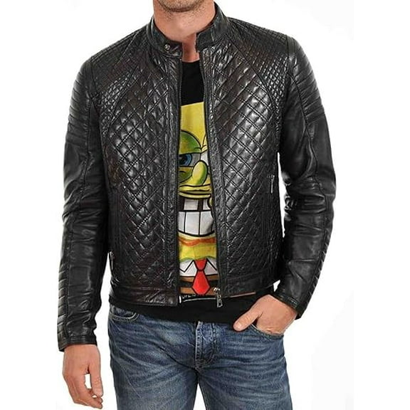 New Genuine Black Quilted Lambskin Leather Designer Jacket Motorcycle Biker Men's A535
