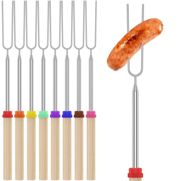 Tcwhniev - Juego de 8 palitos para asar con mango de madera, extensibles de acero inoxidable, tenedores telescópicos para malvaviscos, palitos para fogatas, palitos para smores de 81 cm, brochetas