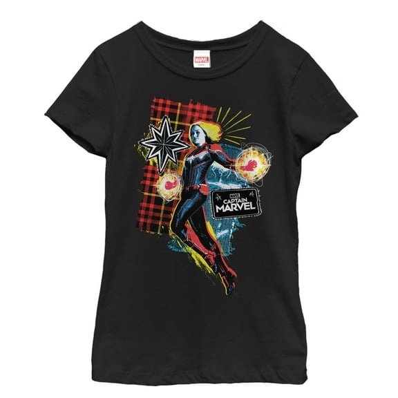 Girl's Marvel Captain Marvel Flannel Patch Print  Graphic Tee Black Small