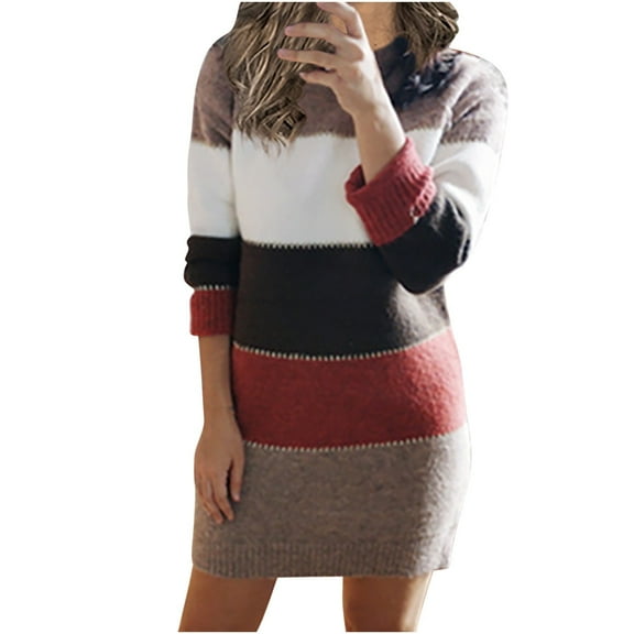 2026 ! asdoklhq Womens Plus Size Dresses,Women's Turtleneck Knitted Jumper Sweater Long Sleeve Elegant Casual Splicing Dress