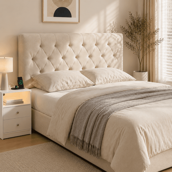 Someet Upholstered Headboard for Queen Size, Adjustable Height Headboard, Modern Diamond Tufting Solid Wood Headboard, Beige