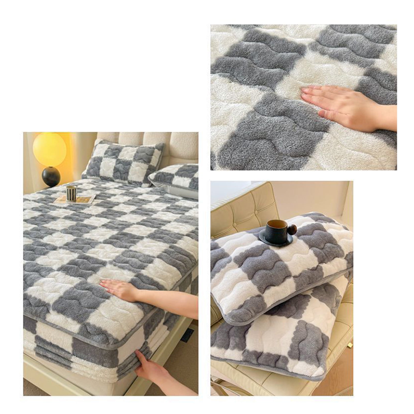 Quilted Fitted Sheet Winter Warm, Checkerboard Pattern Mattress Protector – Breathable Non-Slip Pocket Design, Soft Polyester Bed Cover for Care Bed, Home or Guest Room