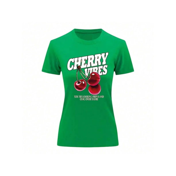 Playera Blusa De Cerezas Cherry Vibes Ropa Para Mujer Color Verde Talla Grande Marca Emil SaEs