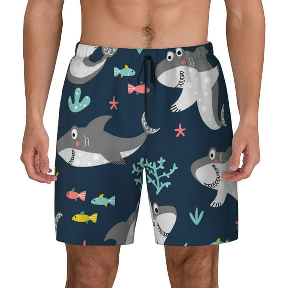 Kdxio Friendly Smiling Sharks Print Men'S Swim Trunks With Compression Liner 7 Inch Inseam Quick Dry Swim Shorts