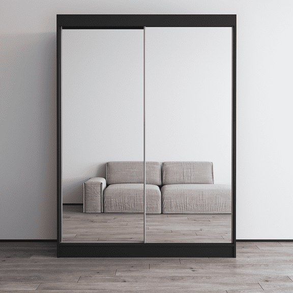 Aria 2 Door 59" Wide Modern High Gloss Wardrobe Armoire, Black Body with All Mirror Fronts