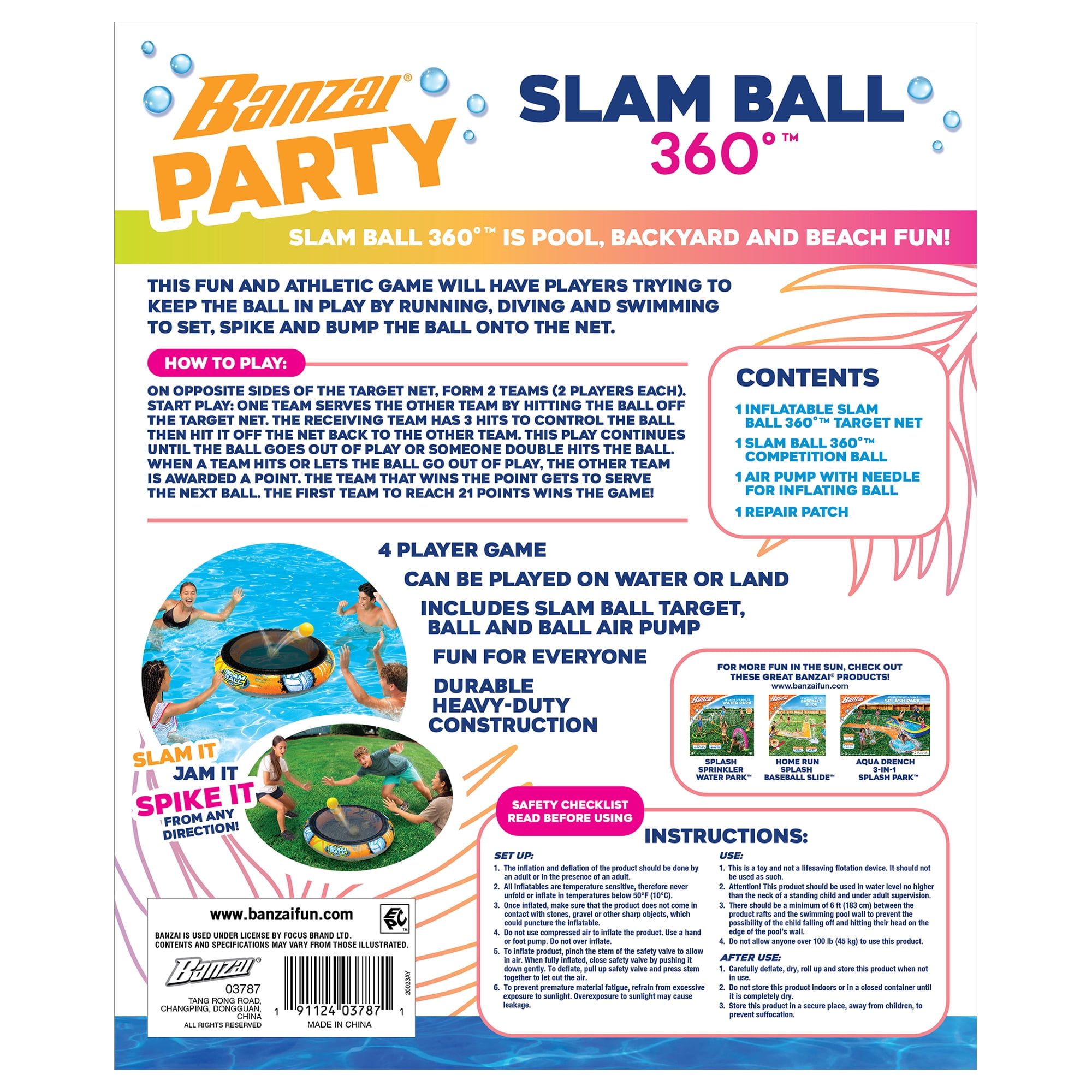Banzai SLAM BALL 360 Inflatable High-Energy Pool or Lawn Game Ages 8+