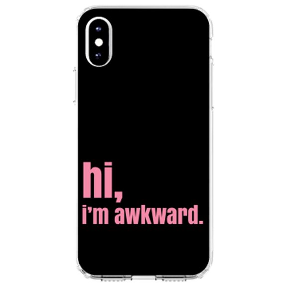 DistinctInk Clear Shockproof Hybrid Case for iPhone XR (6.1" Screen) - TPU Bumper, Acrylic Back, Tempered Glass Screen Protector - Black Pink "hi, I'm awkward."