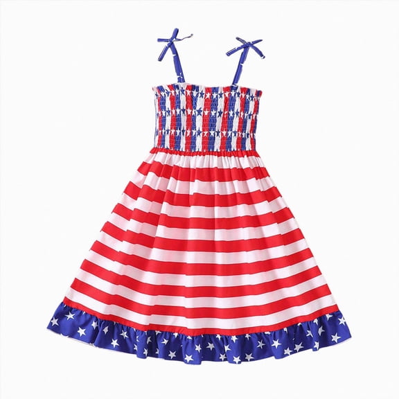 CAUYDY Toddler Girls 4th of July Outfits Newborn Patriot Independent Day Clothes Baby Spring Fall Summer Dresses Kids Sleeveless Smocked Dress (Sizes 5-6 Years ,Red)
