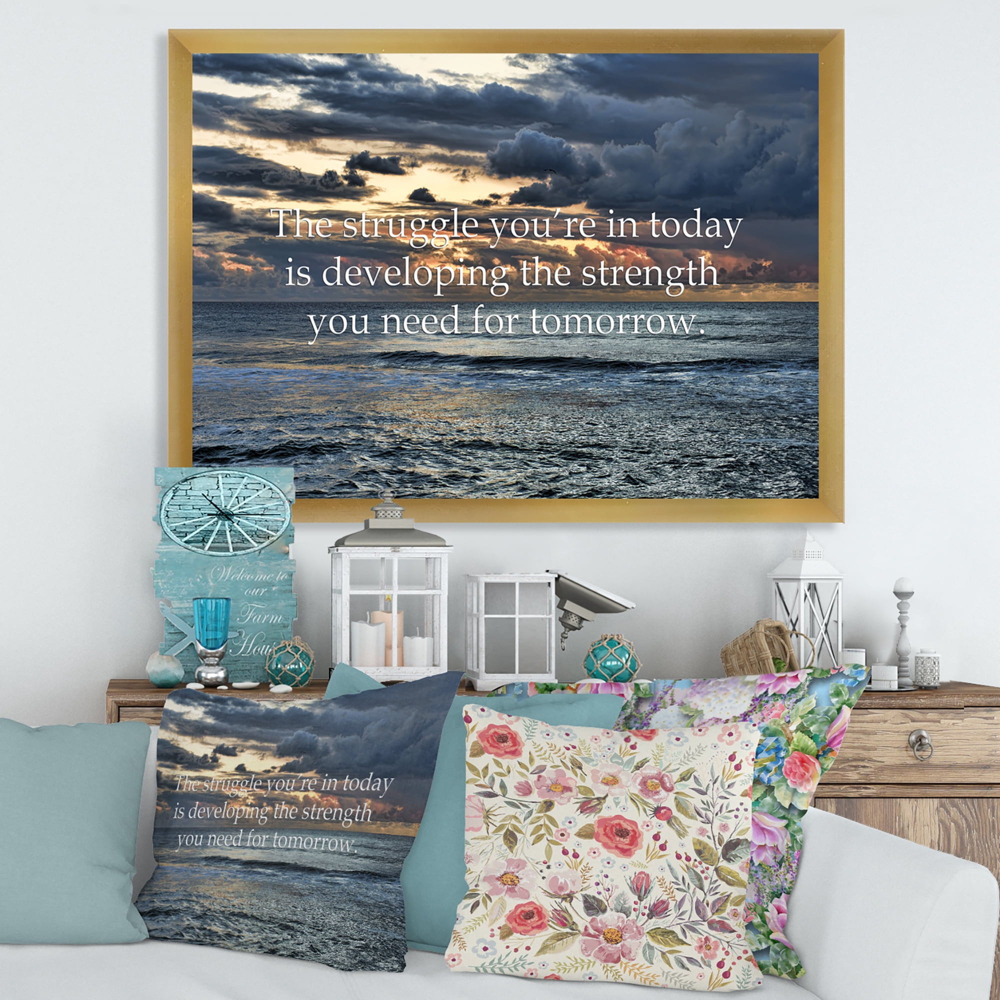 Designart 'Inspirational Quote and Ocean' Nautical & Coastal Framed Art Print