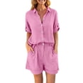 thumbnail image 2 of Women's Summer Linen Set Casual Collar Button Up Shirt And Wide Leg Shorts Two-Piece Set, 2 of 9