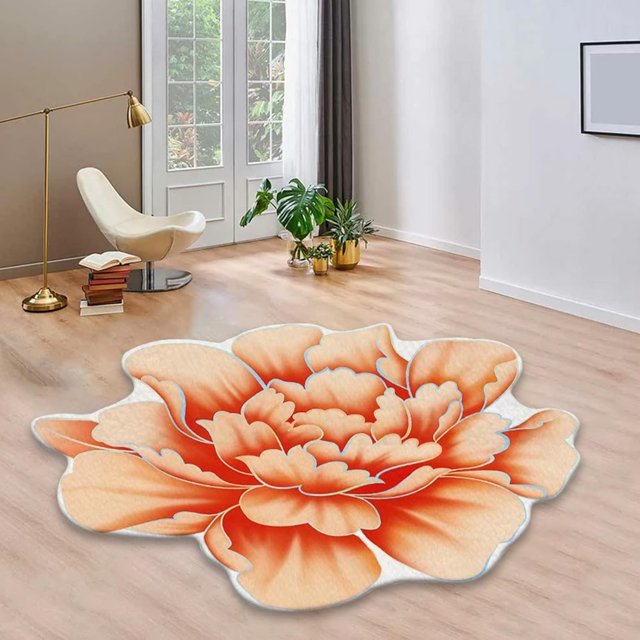 Floral Area Rugs Peony Flower Shape Area Rugs Non-Slip Rugs Floral Shaggy Carpet Bath Mat for Living Room Bedroom Home Decor, Orange, 2'x2'
