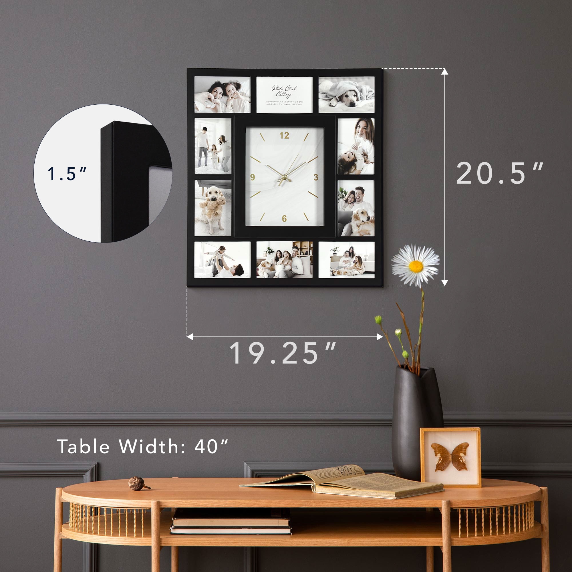 American Art Decor Picture Frame Collage Wall Clock - 10 Photo Display Slots (Black, 19.25"x 21.5")